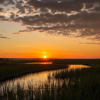 Sunset over marshland with clouds