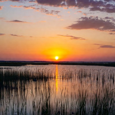 Sunset over the calm water