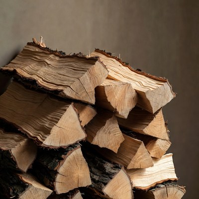 Pile of cut firewood stacked indoors