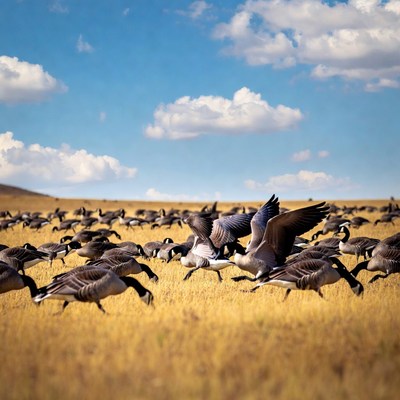 Geese foraging in golden field