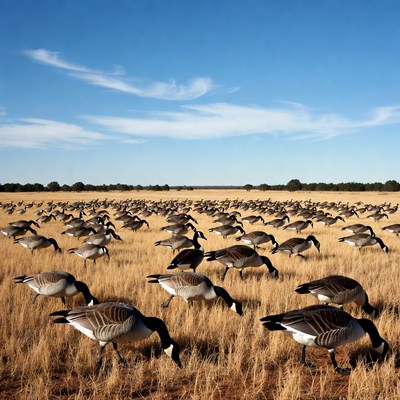 Geese foraging in a dry field