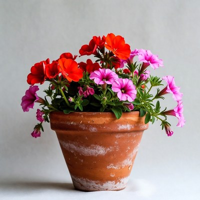 Bright flowers in clay pot