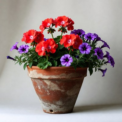 Pots of red and purple flowers