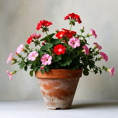 Flower pot with red and pink blooms
