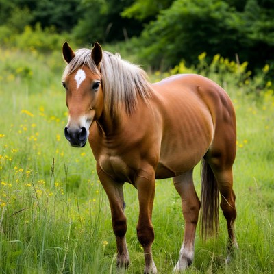Horse standing in green field