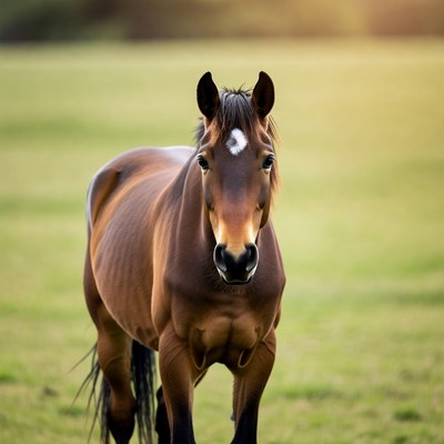 Horse walking in green field