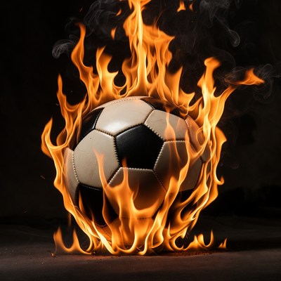 Soccer ball in flames on a dark background