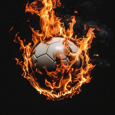 Soccer ball on fire in dark space