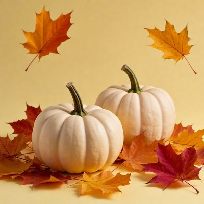 Pumpkins and leaves on yellow background