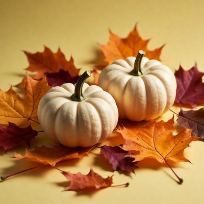 White pumpkins and autumn leaves arrangement