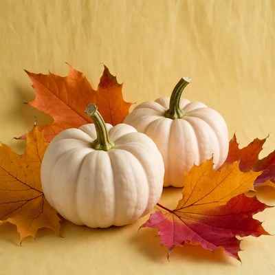 White pumpkins and autumn leaves display