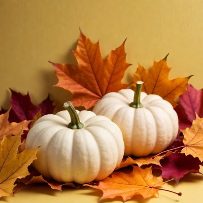 White pumpkins on autumn leaves
