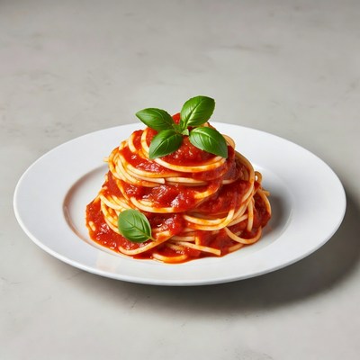 Spaghetti with tomato sauce and basil leaves