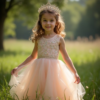 Girl in a dress walks in a garden