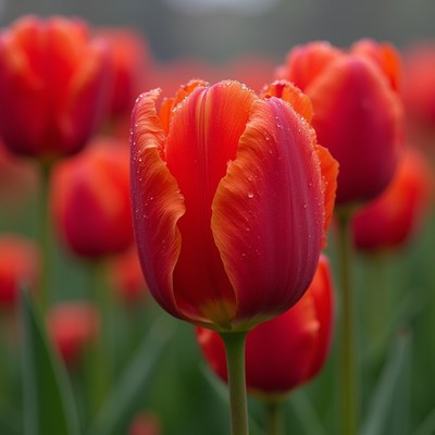 Red tulips in a field after rain