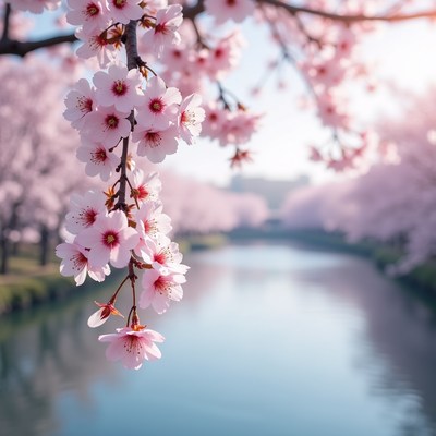 Cherry blossoms by the river in spring
