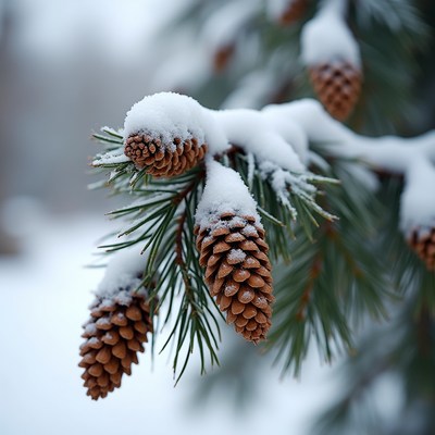 Snow covered pine cones on branch