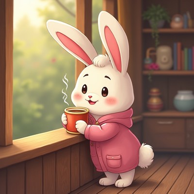 Cute rabbit drinks coffee by window