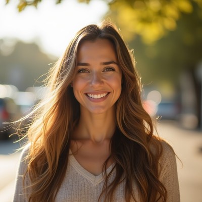 Woman smiles in sunny street scene