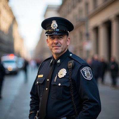 Police officer stands in city street