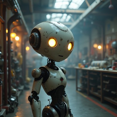 Robotic figure in workshop setting