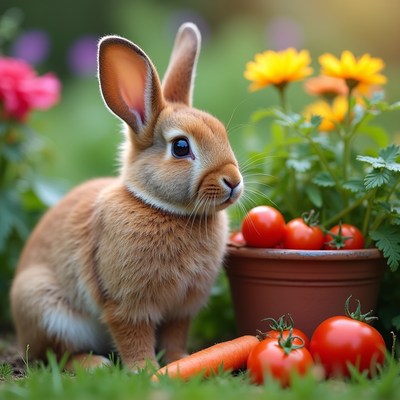 Rabbit sits near vegetables in garden