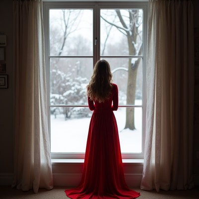 Woman in red dress by window