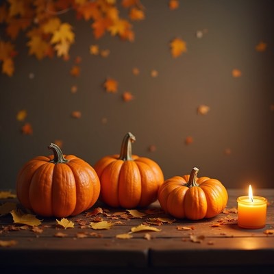 Pumpkins and candle on wooden table