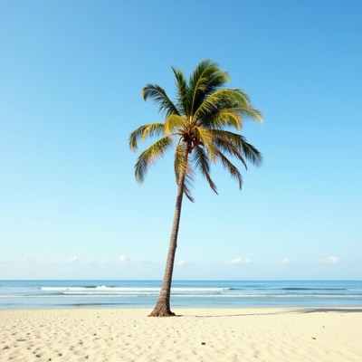 Palm tree on sandy beach near ocean