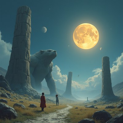 Two figures walk under a large moon