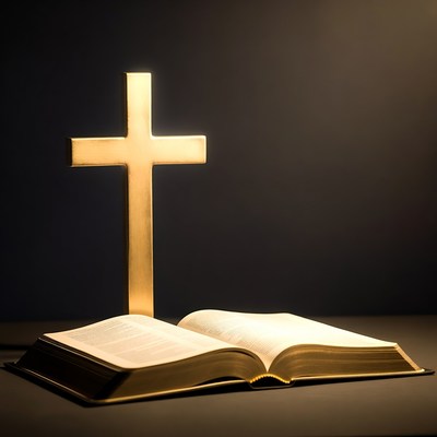 Open book and cross on table