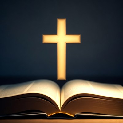 Book with cross above it in dark setting