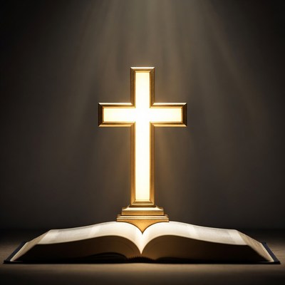 Light shines on cross and open book