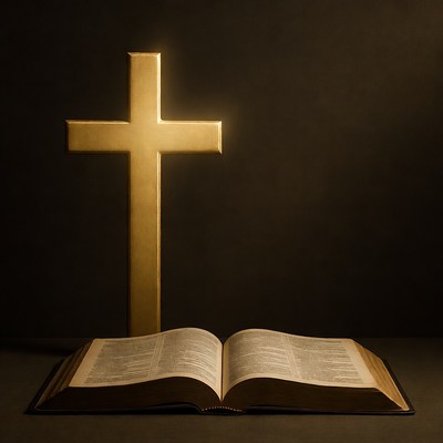 Open book and golden cross on table