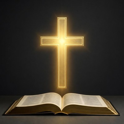 Bright cross above open book