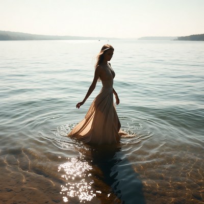 Woman walking in water at sunset