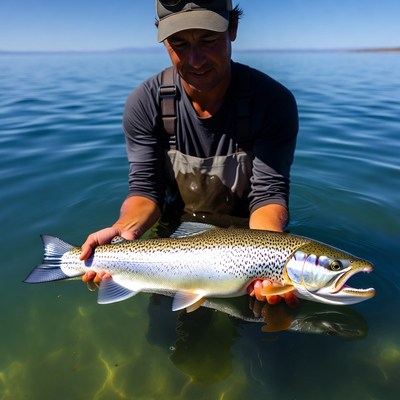 Fisherman holds large trout in water