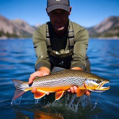 Man catches a trout at a lake