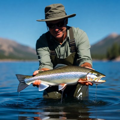 Fishing at the lake with a trout catch