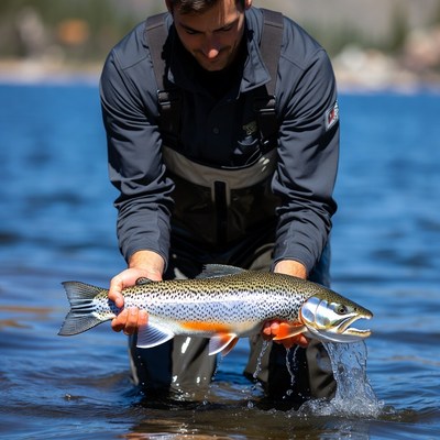 Fisherman catches trout in river