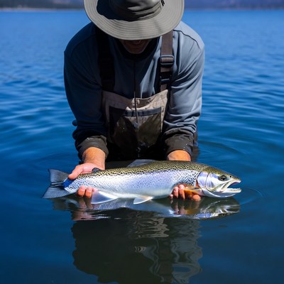 Fisherman holds a caught trout in water