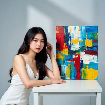 Young woman poses with artwork
