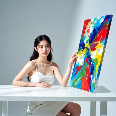 Young woman showcases colorful artwork