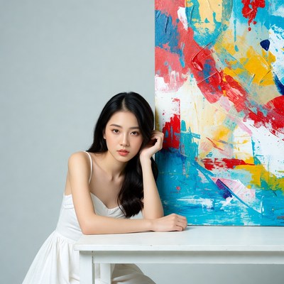 Model poses with colorful painting