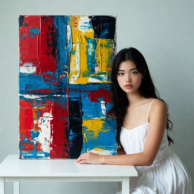 Artist poses with colorful painting