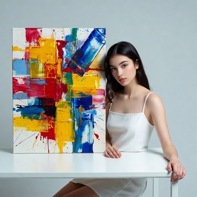 Young woman poses with colorful painting