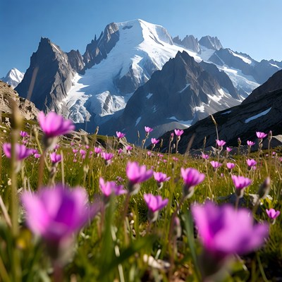 Beautiful flowers near snowy mountains