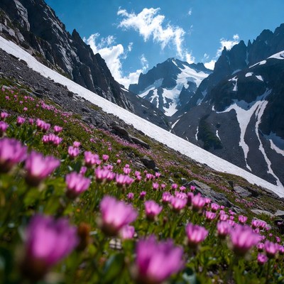 Snowy mountain with pink flowers blooming