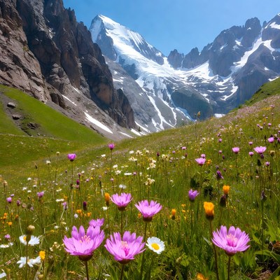 Flowers blooming in mountain valley