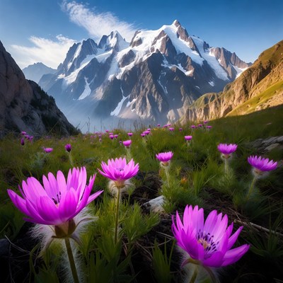 Flowers in mountain valley landscape